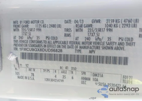 2013 Ford Escape Se z USA, uszkodzony, nr VIN 1FMCU9GX8DUD56828